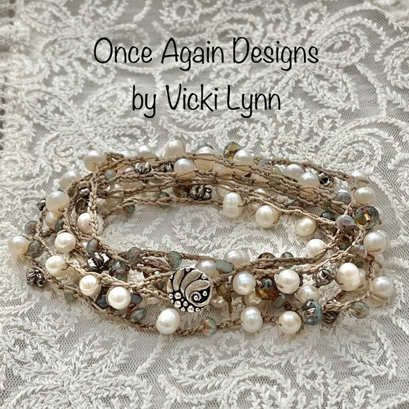 ARTISAN Necklace “Pearls in the Mist” on Sepia Long Crocheted Wrap - Picture 2 of 14